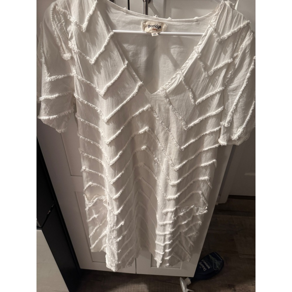 Anthropology Porridge Clothing White Fringe V-Neck Shift Dress + Pockets XS